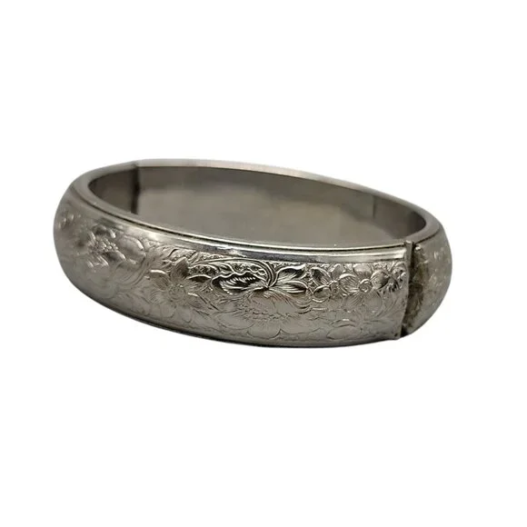 Floral Etched Hinged Bangle Bracelet Size 6.5" Vintage 16mm Wide